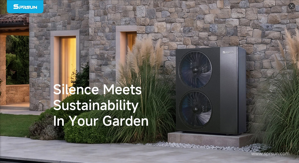 SPRSUN Greenergy Pro R290 silent heat pump in a villa garden, showing quiet operation and sustainable heating. SPRSUN Greenergy Pro R290 silent heat pump in a villa garden, showing quiet operation and sustainable heating.