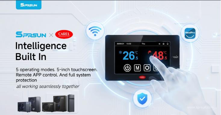 SPRSUN heat pump equipped with CAREL intelligent controller, offering 5 operational modes and remote mobile app control. SPRSUN heat pump equipped with CAREL intelligent controller, offering 5 operational modes and remote mobile app control.