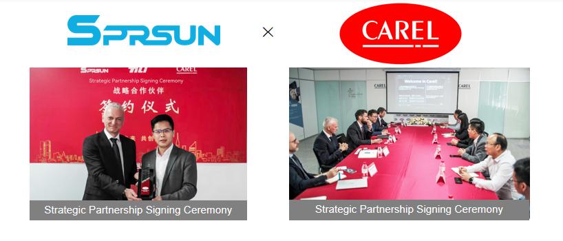 Executives shaking hands at the official strategic partnership signing ceremony between SPRSUN and CAREL for advanced heat pump technology. Executives shaking hands at the official strategic partnership signing ceremony between SPRSUN and CAREL for advanced heat pump technology.