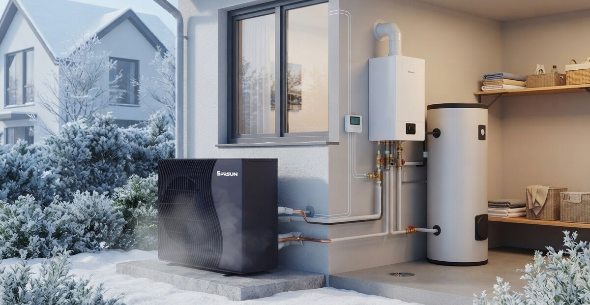 Diagram of heat pump and boiler in parallel hybrid operation, showing piping connections and intelligent backup heating logic Boru bağlantılarını ve akıllı yedek ısıtma mantığını gösteren, paralel hibrit çalışmada ısı pompası ve kazanın diyagramı
