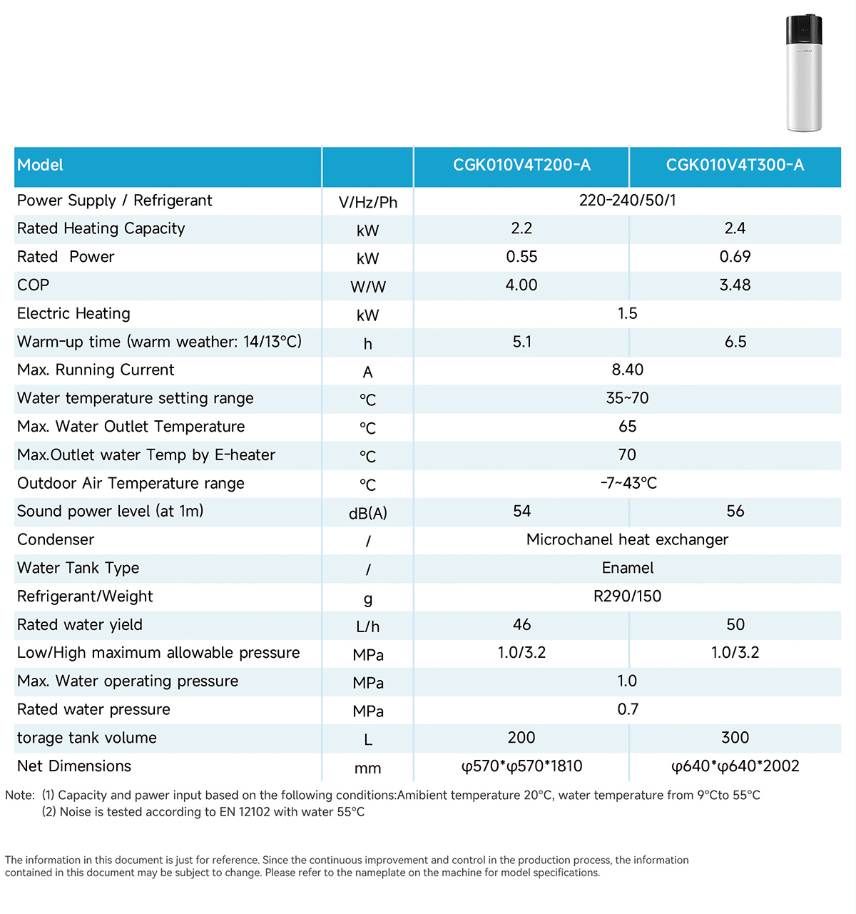 heat pump water heater specification